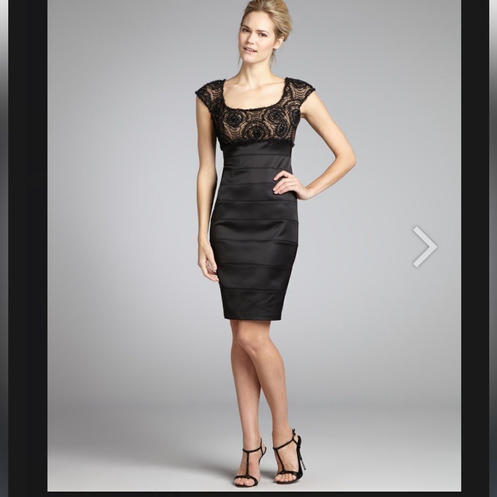 Tadashi Shoji Black Lace Beaded Cap Sleeve Bandage Sheath Dress Size 2 P